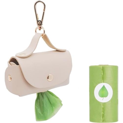 Leather Poop Bag Holder Dispenser for Leash, Portable and Reusable Dog Poop Bag Dispenser, Dog Bag Holder for Walking, Outdoor, Travelling (Beige)