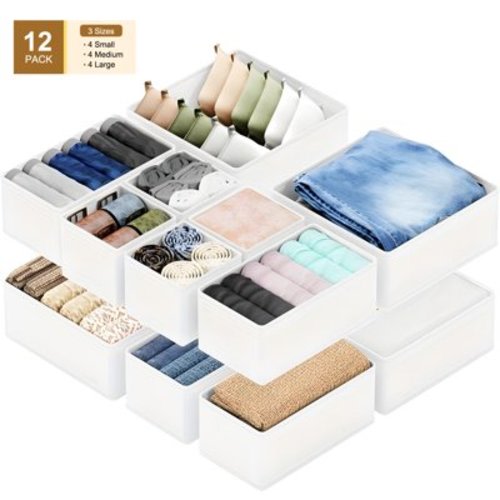 WANALIT Clothes Drawer Organizer 12 Sets, Foldable Closet Organizer And Storage,Baby Clothes Organizer For Underwear, Socks,Bra, Scarves, Belts, Ties - White