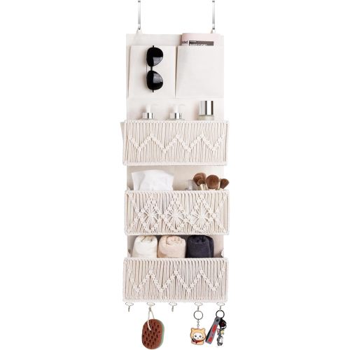 ANTIS'S HOME Over The Door Organizer Boho Bedroom Decor Nursery Storage with 3 Large Woven Pockets, Macrame Nursery Organizers and Toys Storage, Behind Door for Bathroom, Beige Back of Door Organizer