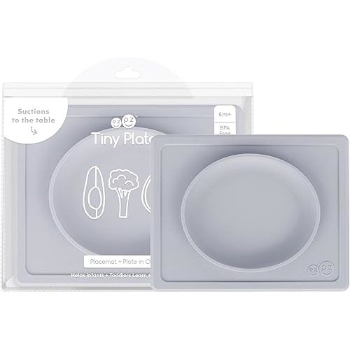 ezpz Tiny Bowl (Pewter) - Silicone Baby Bowl with Suction for 6 Months + - Built-in Placemat - First Foods + Baby Led Weaning - Fits on All Highchair Trays - Suction Bowls for Baby