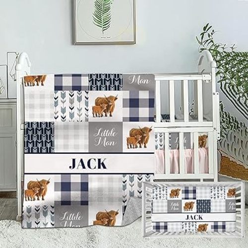 Personalized Crib Bedding Sets for Baby Boys, Custom Baby Boy Crib Bedding Set with Name, 2 Piece High Land Cow Blue Nursery Bedding, Name Crib Comforter, Crib Fitted Sheets for Babies