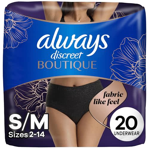 Always Discreet Boutique Incontinence and Postpartum Underwear for Women, Maximum Protection, S/M, Black, 20 Count (Packaging May Vary)