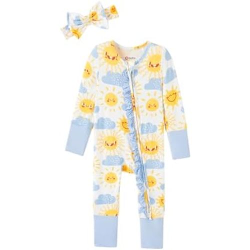 PATPAT Baby Footie Girls - Supersoft Bamboo Viscose - Unisex Infant Clothes - 2 Way Zipper & Mitten & Ruffle Trim & Headband