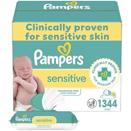 Pampers Sensitive Baby Wipes, Water Based, Hypoallergenic and Unscented, 1344 Wipes Total (16 Flip-Top Packs)