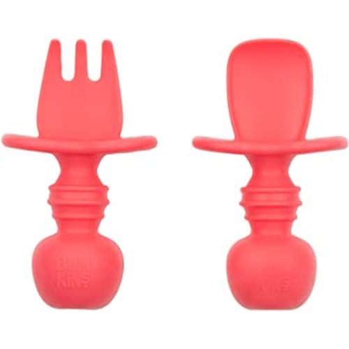 Bumkins Baby Utensils Set, Chewtensils Silicone Spoons for Dipping, Self-Feeding, Baby Led Weaning, Trainer Learning, First Stage Eating, Soft Practice Fork and Spoon, Babies 6 Months, Red