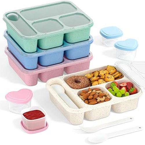 4 Pack Bento Box for Kids, 4-Compartment 34oz Wheat Straw Snack Box Containers for Adults, Reusable Lunch Meal Prep Containers, Stackable for Picnic, School, and Work (Wheat(Blue/Pink/Beige/Green))