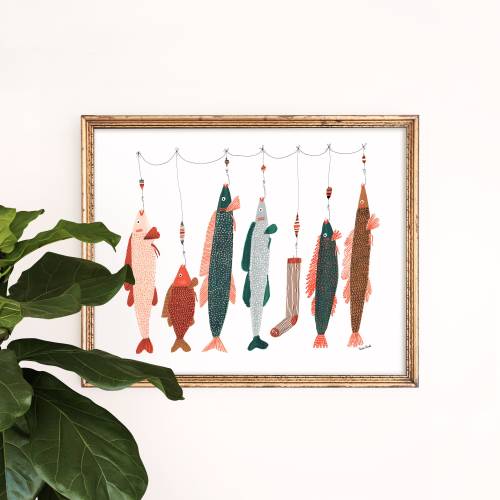 Fish on a Line Art Print | Fisherman Art | Lake House Decor | Koi Fish | Gallery Wall Set | Children&#39;s Nursery Wall Art