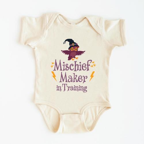 Mischief Maker in Training Bodysuit, Funny Baby Wizard Bodysuit, Cute Baby Onesie® Gift, Baby Shower Outfit, Owl Witch Natural Toddler Shirt