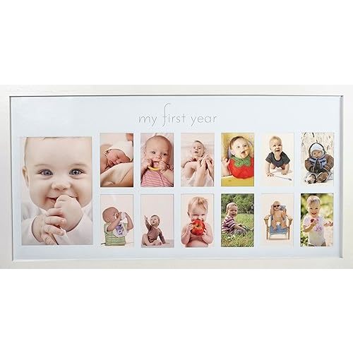 Baby's First Year Frame in Elegant White Natural Wood - My First Year Baby Picture Frame for Photo Memories (White)