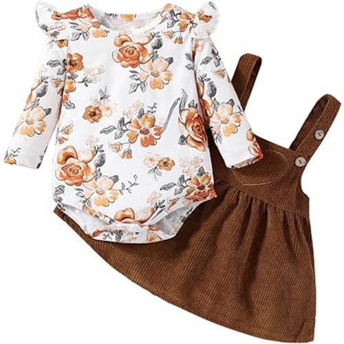 Newborn Baby Girl Fall Outfits Long Sleeve Floral Romper and Overall Suspender Skirt Sets Infant Girls Dress Clothes