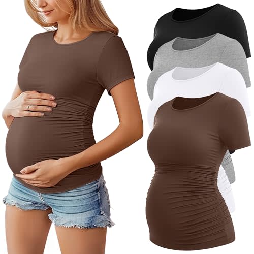 Huukeay 4 Pack Women's Maternity Shirts, Crew Neck Maternity Top Short Sleeve Casual Cotton Tee Side Ruched Pregnancy Clothes