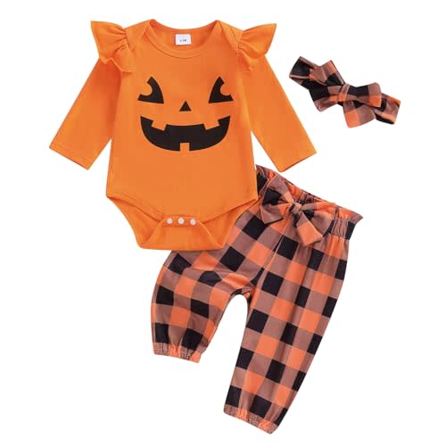 Newborn Baby Girl Halloween Outfit Ruffle Sleeve Pumpkin Face Romper Long Pants Headband 3 Piece Frist Fall Clothes