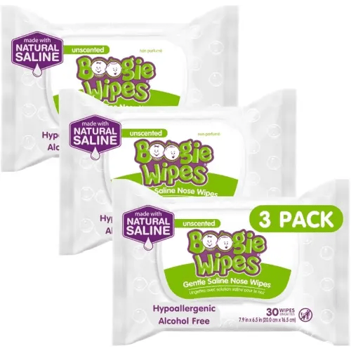 Saline Nose Wipes by Boogie, for Baby & Kids, Face, Hand & Body, FSA/HSA Eligible, Made with Vitamin E, Aloe, and Natural Saline, Unscented, 30 Count (Pack of 3)