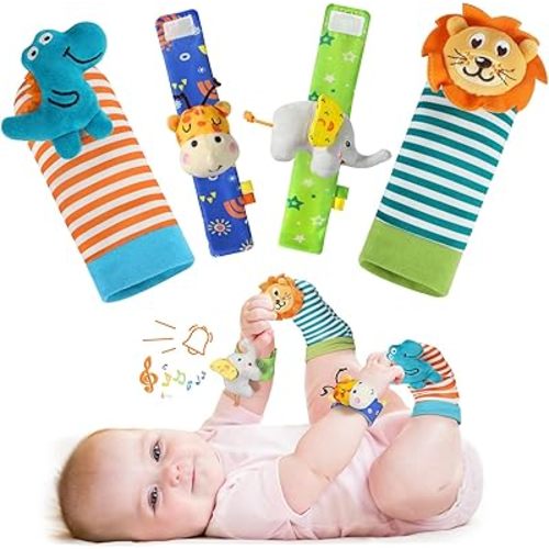 URMYWO Wrist Rattles for Baby - Rattle Socks - Foot Finder Set - Baby Toys for 0-12 Months Infant - Newborn Essentials - Early Learning Sensery Toys for Boy Girl as Shower Gifts Easter Basket Stuffer