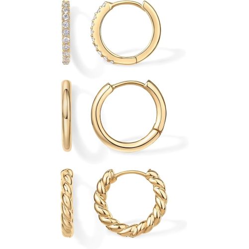 PAVOI 14K-18K Yellow Gold Plated 925 Sterling Silver Posts Three Pairs Small Hoop Earrings for Women - Statement Gold Hoop Earrings Set - Cubic Zirconia Rope Teardrop Chunky Huggie Earscape Piercings