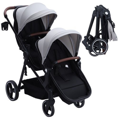 Double Stroller Tandem Stroller for Infant and Toddler, Foldable Pushchair Bassinet Pram