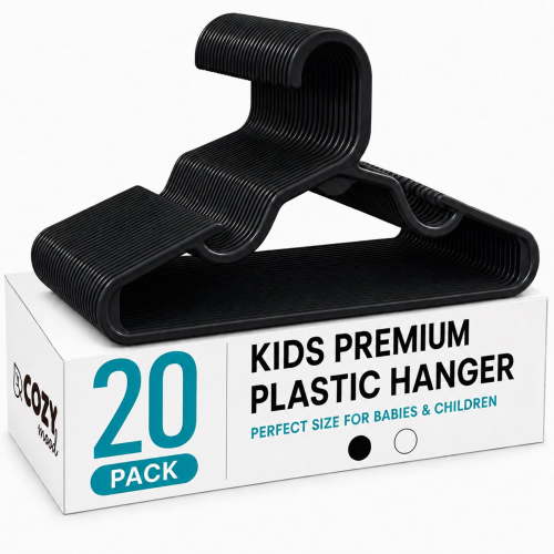 Cozymood Baby Hangers 20 Pack, Kids Plastic Hangers for Nursery Closet, Space Saving Toddler Hangers for Infant & Child Clothes, Baby Clothes Hangers for Shirts, Pants, Coats, Black