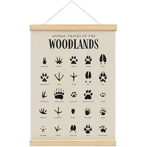 MOFUYU Woodland Tracks Wall Decor Canvas Hanging Banner, Nursery Decor Mountains, Woodland Nursery Poster Hanger Frame for Kids Room,Classroom,Playroom Cabin 12x16 Inch