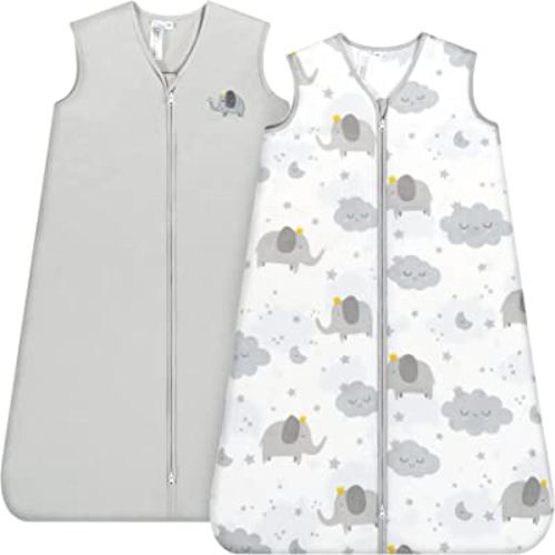 TILLYOU Sleep Sack 2 Pack - Baby Wearable Blanket with 2-Way Zipper, Extra Soft Cotton Sleeveless Sleeping Bag for Infants, 0-6 Months, Grey Elephant & Cloud