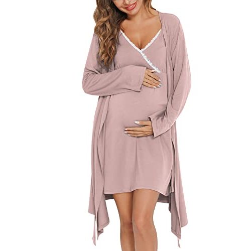 SWOMOG Womens Maternity Robe 2 Piece Nursing Nightgown for Breastfeeding 3 in 1 Labor Delivery Nursing Dress Lace Bathrobe