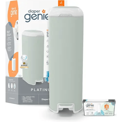 Diaper Genie Platinum Pail (Sage Green) is Made in Durable Stainless Steel and Includes 1 Easy Roll Refill with 18 Bags That can Last up to 5 Months.