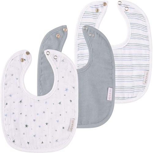 Ely's & Co. 100% Cotton Muslin Bib with Terry lining Soft & Absorbent for Infants, Adjustable Snaps 3 Pack 0-6 Months - Blue Stars