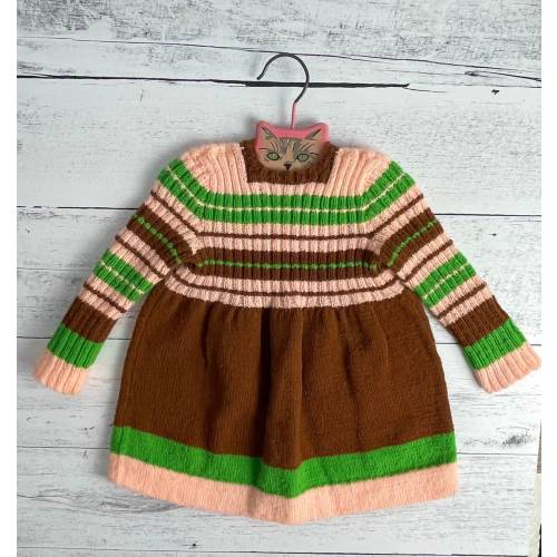Vintage 70s Baby Girl Sweater Dress/1970s Striped Knit Sweater Dress/Peach Brown and Green/Size 9-12 Months