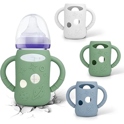 BUSOHA 3 Pack Silicone Sleeves for Lansinoh Glass Bottles - Wide Neck Baby Bottles Sleeves for Lansinoh Bottles Baby Anti-Colic Bottle Holder with Handle Anti Breakage Silicone Protector,5 oz