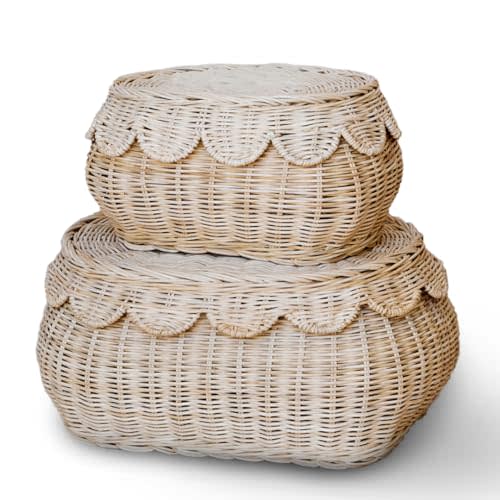 BEBE BASK Hand Woven Rattan Basket Set - 15x10x6 Inch - Small Scalloped Baskets - Round Wicker Basket - Wicker Storage Basket - Rattan Basket With Lid (Natural)