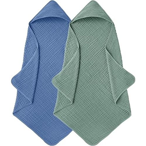 Muslin Hooded Baby Towels for Newborns, 32"x32", 100% Cotton – 6 Layers Super Soft Absorbent Breathable, Baby Bath Towel, Toddler Bath Towel – Pack of 2