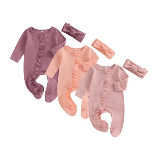 Merqwadd Baby Girl Zipper Pajama Footies 3 Pack Ruffle Sleeper Coming Home Infant Cotton Clothes