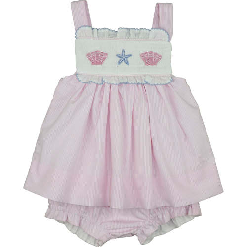 Pink Stripe Smocked Seashell Diaper Set