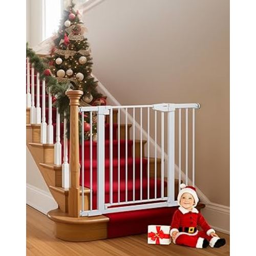 Mom's Choice Awards Winner-Cumbor 29.7-46" Baby Gate for Stairs, Auto Close Dog Gate for the House, Easy Install Pressure Mounted Pet Gates for Doorways, Easy Walk Thru Wide Safety Gate for Dog, White
