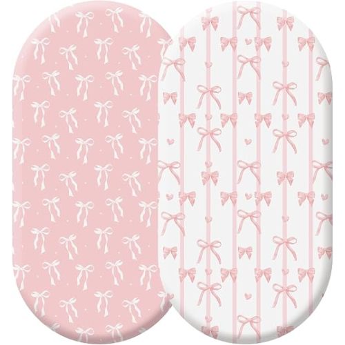 Oudain 2 Pack Baby Bassinet Sheets Girls 32'' x 16" Stretchable Soft Crib Sheets Cradle Bed Set Fitted Cover for Oval Rectangle Hourglass Mattress Infant Nursery Toddler Room Decor(Pink Double Bow)
