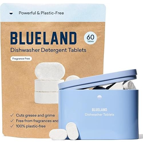 BLUELAND Dishwasher Detergent Tablet Starter Set - Plastic-Free & Eco Friendly Alternative to Liquid Pods or Sheets - Natural, Sustainable - 60 Washes