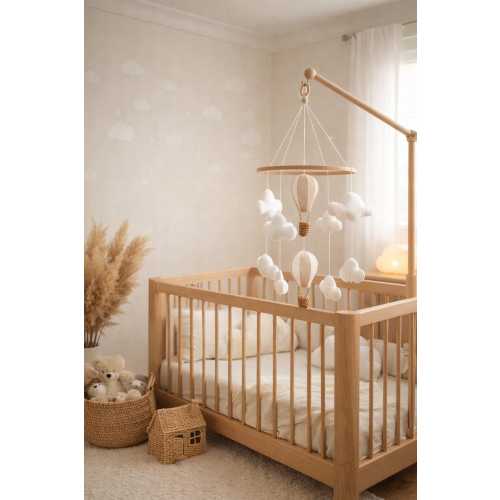 Handmade Felt Hot Air Balloon Moon Baby Mobile, Organic Nursery Decor
