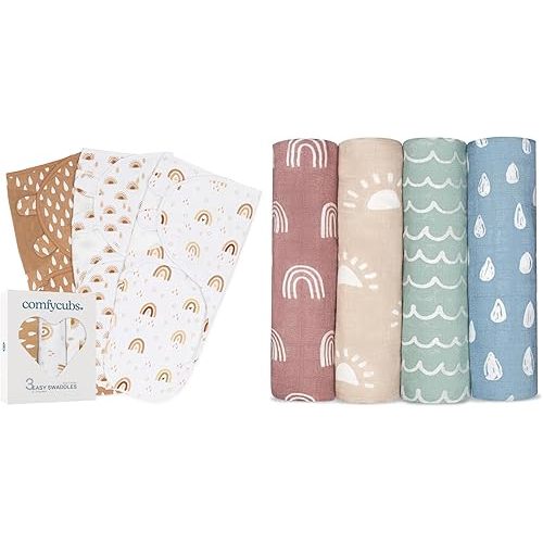 Comfy Cubs Swaddle Blanket Baby Girl Boy Easy Adjustable 3 Pack and Muslin Swaddle Blankets Bundled