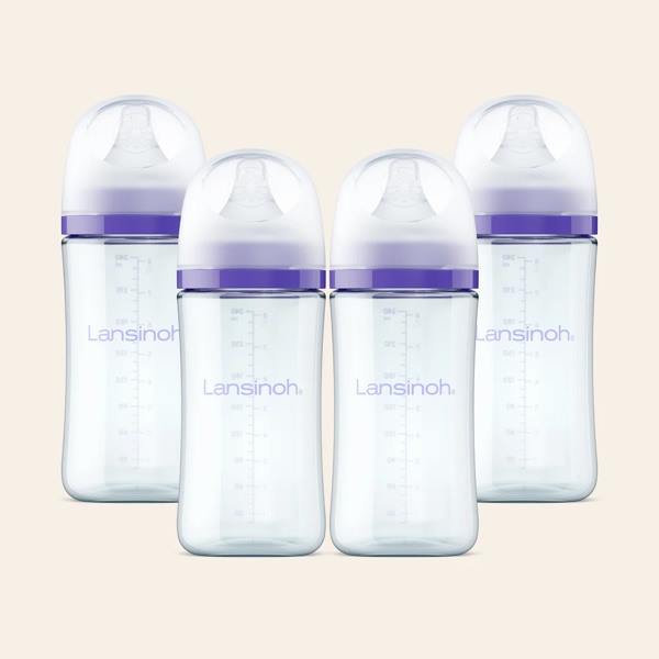 Lansinoh Anti-Colic Glass Baby Bottles, Purple Collar, 8 Ounces, 4 Count