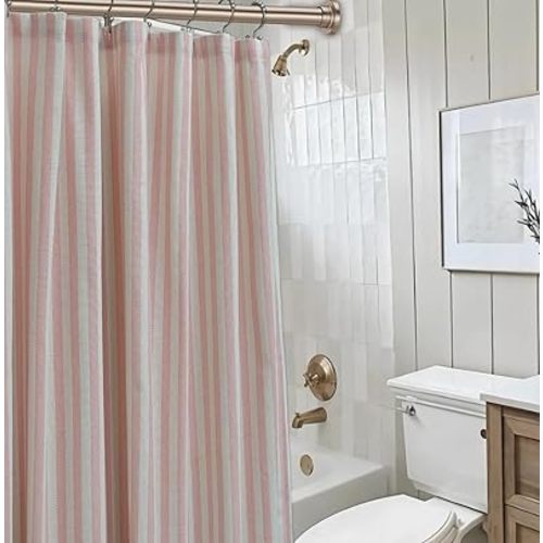 Vintage Pink Striped Fabric Shower Curtain for Bathroom, Rustic Farmhouse Cotton Blend Cloth Shower Curtain, Boho French Country Cottagecore Style, Non-Waterproof Decorative Curtain, 72x72 Inches