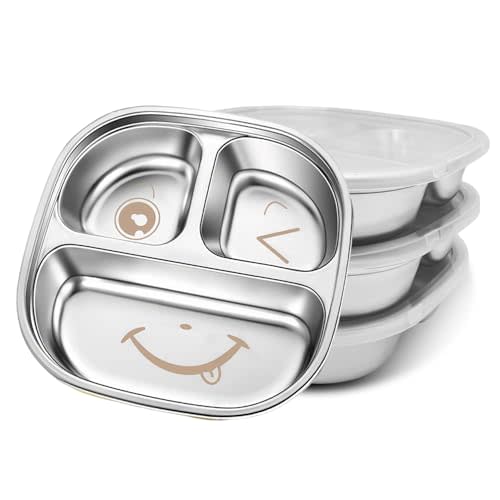TAOceeXI Stainless Steel Kids Plate with Lid | 3-Pack Durable Divided Toddler Plates | BPA-Free, Non-Toxic & Dishwasher-Safe | Snack Container for Kids,Splash-Proof Design