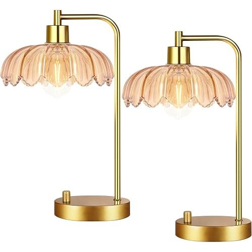ILLMTW Glass Table Lamp Set of 2,Small Gold Bedside Lamps Dimmable Boho Bedroom Lamp with Tulip Flower Amber Lamp Shade,Vintage Mid Century Modern Mini Nightstand Lamp for Bedroom Living Room