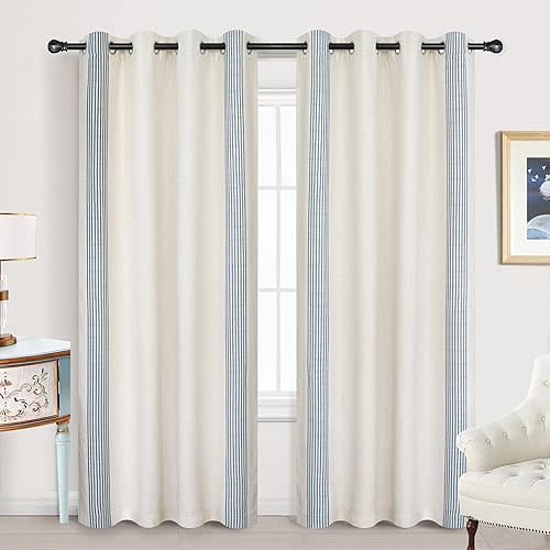 DriftAway Chris Linen Blackout Curtains with Thermal and Sound Reducing Layer 84 Inches Long for Bedroom Striped Printed Drapes Thermal Insulated Lined Window Treatments for Living Room Cabana Navy