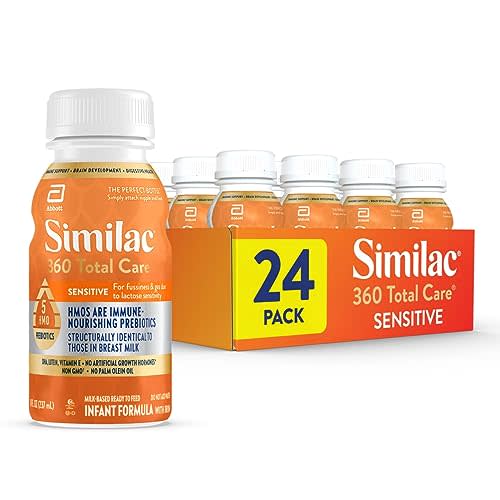 Similac 360 Total Care Sensitive Infant Formula for Fussiness & Gas Due to Lactose Sensitivity, Has 5 HMO Prebiotics, Non-GMO, ‡ Baby Formula, Ready to Feed, 8-fl-oz Bottle, Pack of 24