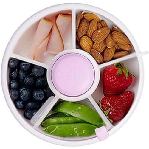 GoBe Kids Snack Spinner Bundle with Hand Strap and Sticker Sheet - Reusable Snack Container with 5 Compartment Dispenser and Lid | BPA and PVC Free | Dishwasher Safe | No Spill, Leakproof
