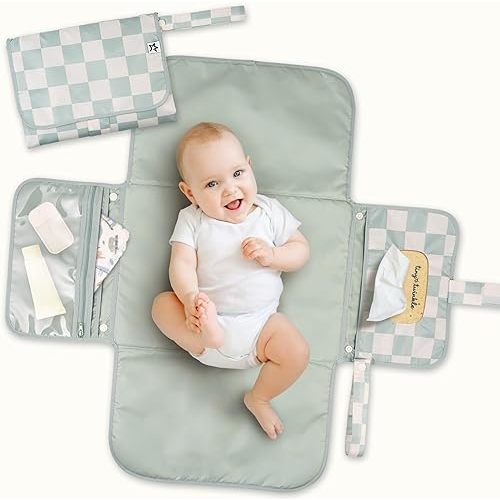 Tiny Twinkle Portable Diaper Changing Pad – Foldable, Waterproof & Compact Travel Changing Mat with Storage | Smart Wipes Pocket for On-The-Go Parents | Gift for Newborn Baby Girl & Boy(Sage Checkers)