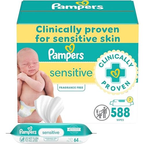 Pampers Baby Wipes Sensitive, Water Based Wipes, Hypoallergenic and Unscented Wipes, 588 Wipes Total (7 Refill Packs)