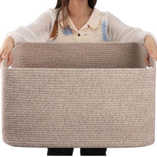 Aoibox 75L Large Woven Blanket Storage Basket with Handles Cotton Rope Organizer for Living Room Nursery Brown