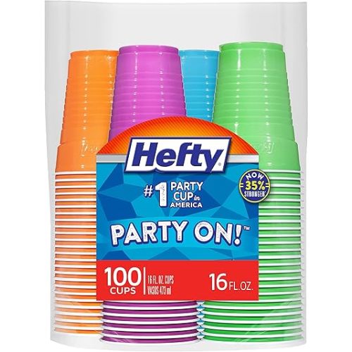Hefty Party On Multicolor Disposable Party Cups, Disposable Plastic Cups in Orange, Purple, Blue, and Green, Easy-to-Grip Design, 16 Ounce, 100 Count