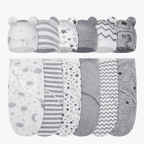 Ramede 6 Pack Baby Swaddle Blanket with Hats Sleep Swaddle for 0-3 Months Newborn Sacks Soft Cotton Wearable for Boy Girl