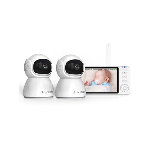 Anicebb Video Baby Monitor with 2 Cameras, 5" LCD Display, No WiFi Hack-Proof Security, Remote Pan-Tilt-Zoom, 31H Battery Life, 1000ft Range, Night Vision, Temperature & Cry Alarms